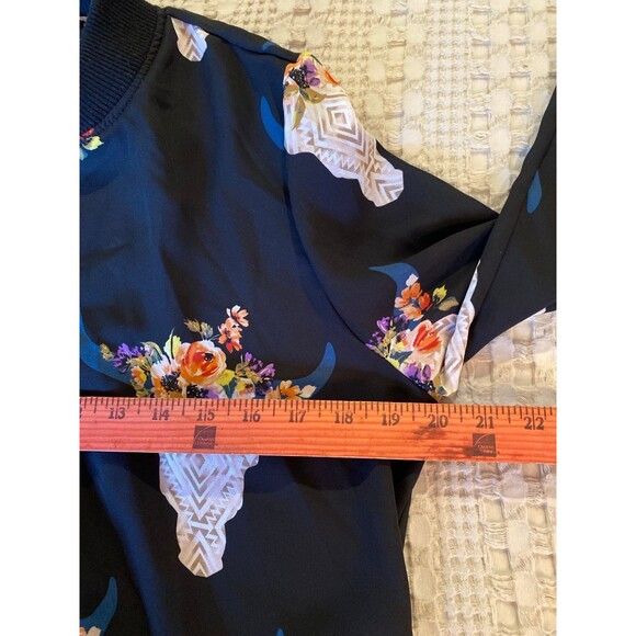 Fab’rik Bomber Jacket Size Medium Bison Head Floral Full Zip Front Lightweight - Picture 10 of 11